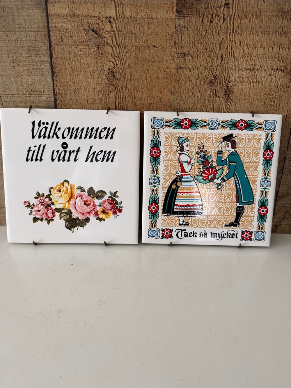 Set of Swedish Floral Welcome & Folk Art Tile Set - White, Pink, Yellow, Teal